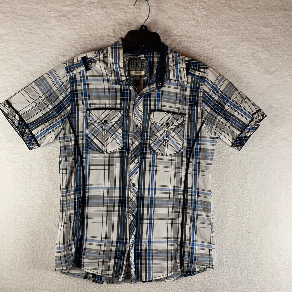 BKE Buckle Men's Slim Fit Short Sleeve Pearl Snap Plaid 100% Cotton Shirt Size M